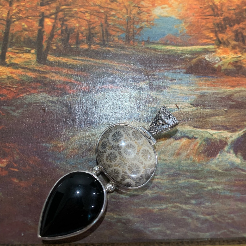 Sterling Silver , Agatized Coral And Onyx Pendant